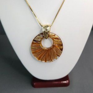 Womens Gold Tone Box Link Chain Art Glass Pendant Fashion Necklace 22 in